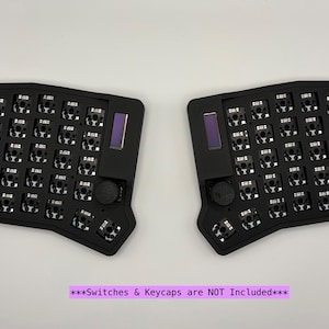 May include: Two black ergonomic keyboard halves with key switch sockets, a purple display, and a rotary encoder. The text at the bottom reads, "***Switches & Keycaps are NOT Included***".