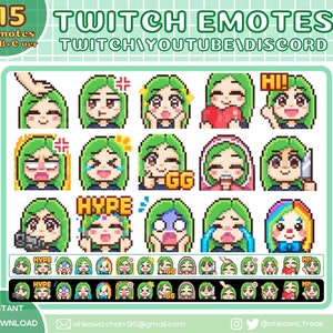 Green Hair Girl Twitch Emotes (A+B+C ver.) / Cute / Youtube / Discord / Kawaii / Streamer / Pixel / Emoji