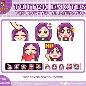 Purple Hair Girl Twitch Emotes (A ver.) / Cute / Youtube / Discord / Kawaii / Streamer / Pixel / Emoji