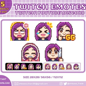 Purple Hair Girl Twitch Emotes (B ver.) / Cute / Youtube / Discord / Kawaii / Streamer / Pixel / Emoji