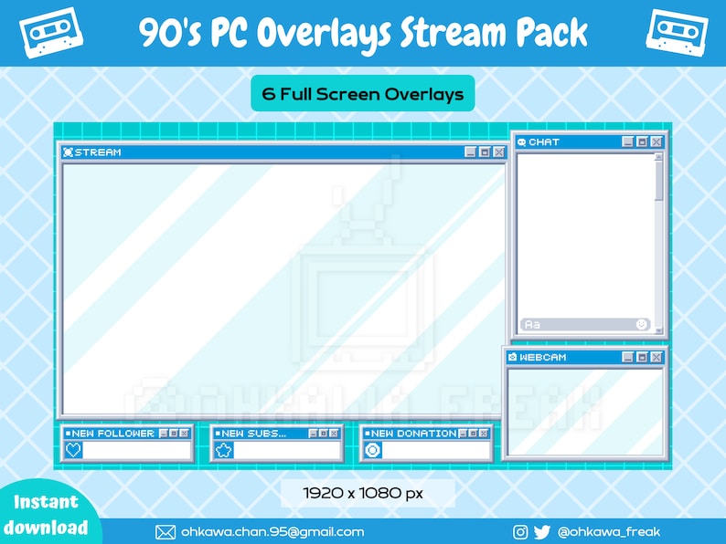 May include: A 90's style PC overlay stream pack with six full screen overlays. The overlays are in a blue and white color scheme and feature a chat window, webcam window, and new follower, new subscriber, and new donation notifications.