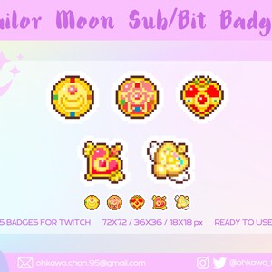 May include: Five Sailor Moon themed Twitch badges in pixel art style. The badges are in various sizes, including 72x72 pixels, 36x36 pixels, and 18x18 pixels. The badges feature a variety of colors, including gold, pink, red, and white.