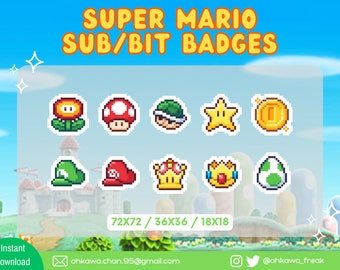 Super Mario Twitch Sub Bit Badges / Peach / Yoshi / Luigi / Streamer / Pixel