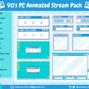 Puede incluir: Un paquete gráfico digital con temática de PC de los 90, con superposiciones azules y blancas, marcos de webcam y pantallas de transmisión animadas. Incluye paneles para nuevos anfitriones, seguidores, animaciones y suscripciones, además de un banner sin conexión y alertas animadas.