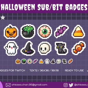 Puede incluir: Diez insignias de píxeles de arte de Halloween para Twitch. Las insignias incluyen una calabaza, un caldero, un ojo, un murciélago, un maíz dulce, un fantasma, un sombrero de bruja, una calavera, un gato negro y caramelos. Las insignias están listas para usar y vienen en tres tamaños: 72x72, 36x36 y 18x18 píxeles.