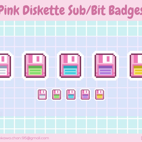 Pink Diskette Twitch Sub Bit Badges / Cute sub badges / Kawaii / Streamer / Pixel / Video