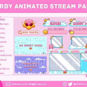 Full Kirby Animated Stream Pack / Cute / Kawaii / Pink / Pixel art