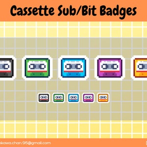 Cassette Twitch Sub Bit Badges / Cute sub badges / Kawaii / Streamer / Pixel / Tape / Retro