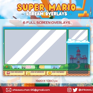 Puede incluir: Gráfico digital con un diseño de superposición de transmisión con temática de Super Mario. El diseño incluye una gran pantalla central, un panel lateral más pequeño con un castillo y barras de notificación. El texto dice "SUPER MARIO STREAM OVERLAYS" y "6 FULL SCREEN OVERLAYS".