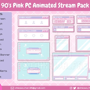 Full 90&#39;s Pink PC Animated Stream Package / Retro Windows / Kawaii / Computer screen / Pixel art
