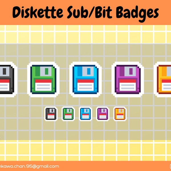 Diskette Twitch Sub Bit Badges / Cute sub badges / Kawaii / Streamer / Pixel / Video / Retro