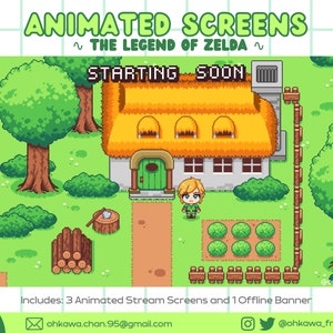Puede incluir: Pantallas animadas para streaming con una escena pixelada de The Legend of Zelda. La escena incluye una casa con techo de paja, una puerta verde y un personaje que se parece a Link de pie frente a ella. El texto "STARTING SOON" se muestra sobre la casa.