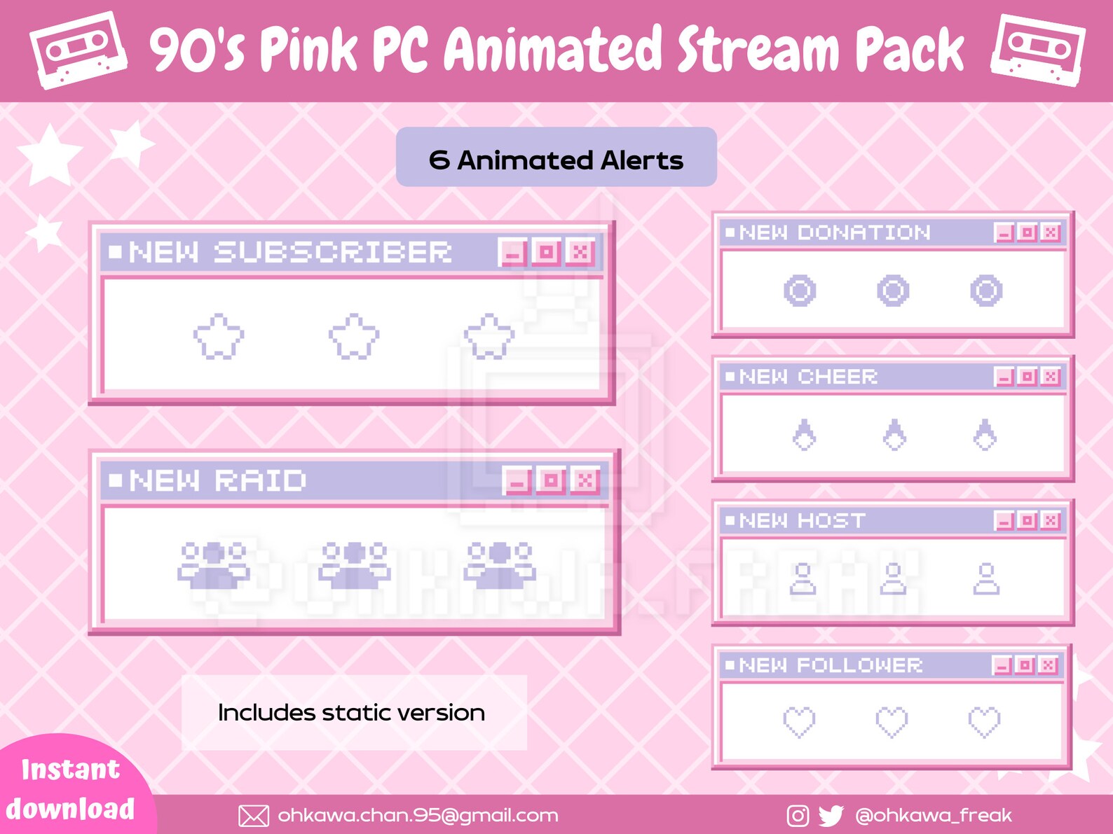 90's Pink PC cam Overlays & Animated Alerts Stream Pack / Retro