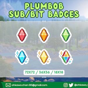May include: Six pixel art style badges featuring different colored gems. The badges are labeled "Plumbob Sub/Bit Badges" and the sizes are listed as "72x72 / 36x36 / 18x18".