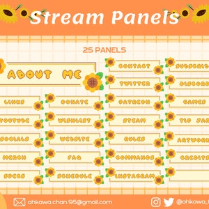 May include: A set of 25 customizable Twitch stream panels featuring a sunflower theme. The panels include titles like "About Me", "Contact", "Subscribe", "Twitter", "Discord", "Links", "Donate", "Patreon", "Games", "YouTube", "Wishlist", "Steam", "Tip Jar", "Socials", "Website", "Rules", "Artwork", "Merch", "FAQ", "Commands", "Credits", "Specs", "Schedule", and "Instagram".