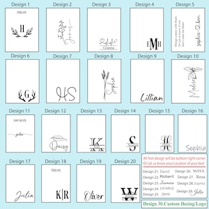 May include: A graphic design template sheet with 30 different designs for personalized gifts. The designs include initials, names, and various graphic elements. The sheet also includes instructions for customizing the designs with text and location.