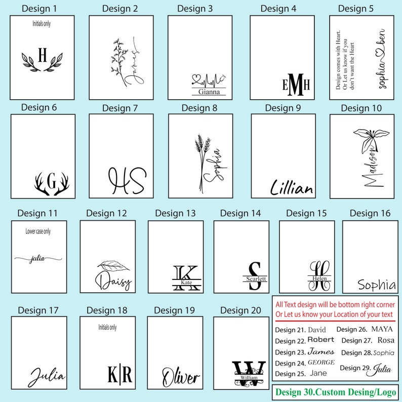 May include: A graphic design template sheet with 30 different designs for personalized gifts. The designs include initials, names, and various graphic elements. The sheet also includes instructions for customizing the designs with text and location.