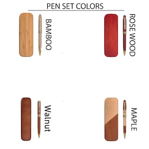 May include: Four different pen sets with wooden boxes and pens. The boxes are made of bamboo, rosewood, walnut, and maple wood. The pens are all gold-toned and have a black ink cartridge.