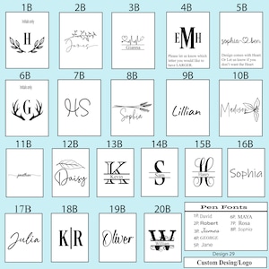 May include: A grid of 20 different designs for personalized wooden signs. Each design features a different name, initials, or a combination of both. The designs are in black and white and include various fonts and styles. The text "Pen Fonts" is at the bottom of the grid, followed by a list of font names and numbers.