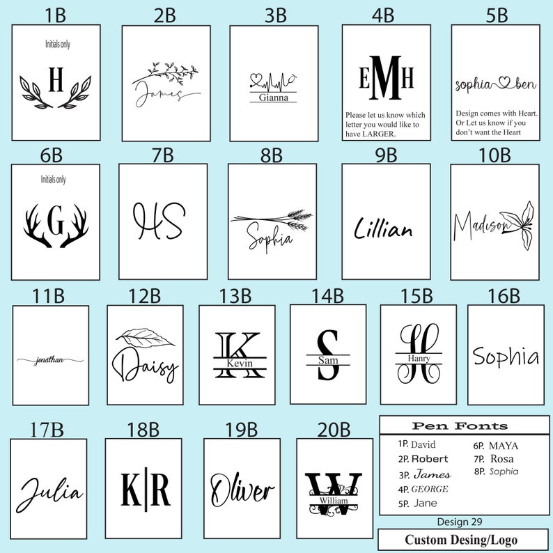 May include: A grid of 20 different designs for personalized wooden signs. Each design features a different name, initials, or a combination of both. The designs are in black and white and include various fonts and styles. The text "Pen Fonts" is at the bottom of the grid, followed by a list of font names and numbers.