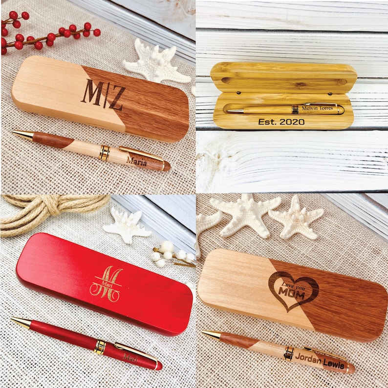 May include: Four different wooden pen and box sets. The first set has a light brown and dark brown box with the initials "M/Z" engraved on the top. The second set has a light brown box with the text "Melvin Torres Est. 2020" engraved on the top. The third set has a red box with the initials "M&M" engraved on the top. The fourth set has a light brown and dark brown box with the text "Love your MOM" and a heart engraved on the top.