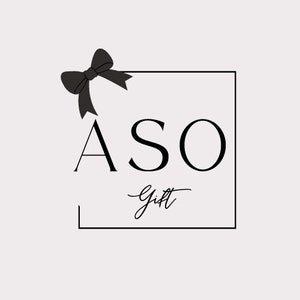May include: Black and white logo with a black bow on top. The logo says "ASO Gift" inside a square frame.