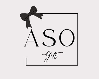 May include: Black and white logo with a black bow on top. The logo says "ASO Gift" inside a square frame.