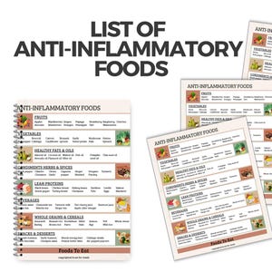 May include: A spiral-bound notebook with a list of anti-inflammatory foods, including fruits, vegetables, healthy fats, lean proteins, and snacks. The title "List of Anti-Inflammatory Foods" is displayed in bold, black text. Several other pages are visible.