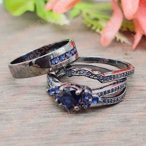 1.5 CT Blue Sapphire Wedding Band Engagement Ring, Trio Set 14k Black Gold Finish Ring, His and Her Ring Set.