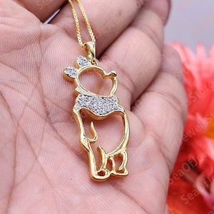 One to two Day Free Shipping 14k Yellow Gold Finish Round Cut  White Diamond Cute Winnie The Pooh Pendant Necklace for Women's & Girl's