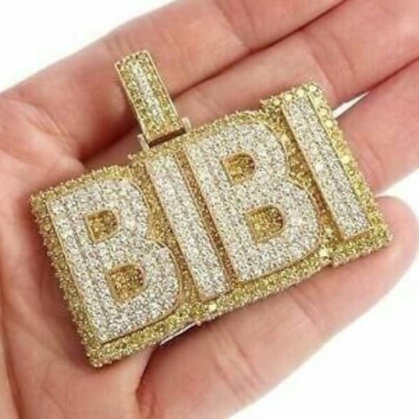 Custom Made "BIBI" Letter Hip Hop Pendant, White Diamond Pendant, 14K Yellow Gold Finish Pendant, Customize Hip Hop Jewelry.