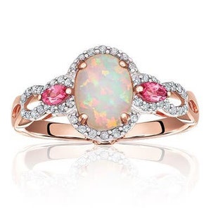 2CT Oval Opal & Pink Tourmaline ring Diamond Engagement Ring, Attractive Ring, 14K Rose Gold Finish, Simulated Diamond Ring.