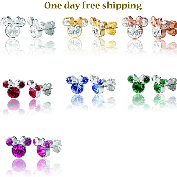 One Day Shipping ,0.5 Ct Mickey Mouse Multi Color Simulated Diamond Stud Earrings, 925 Sterling Silver Studs For Women Girl