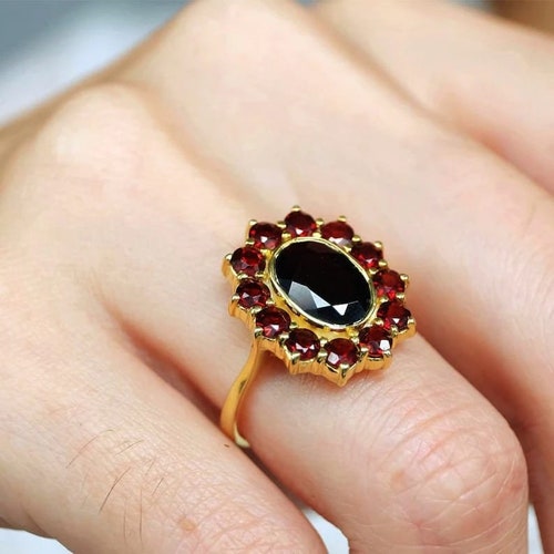1.5 CT Oval Cut Garnet Diamond Engagement Ring, 14K Yellow Gold Finish shops Halo Ring, Wedding Ring for Women's.