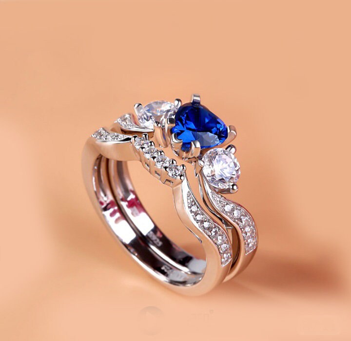 2 CT Blue Heart & Round Cut Engagement Diamond Ring Gorgeous - Etsy UK
