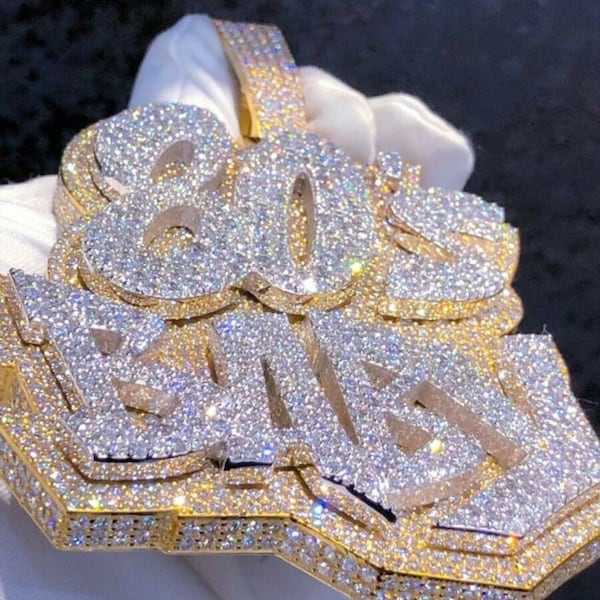 Moissanite/Simulated Diamond Pendant, 5CT White Diamond "80's BABY" Hip Hop Pendant, Customized Hip Hop Necklace, 14K Yellow Gold Finish .