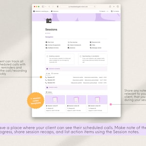 K&ouml;nnte beinhalten: Ein Screenshot einer Website, die einen Abschnitt mit dem Titel "Sitzungen" mit einem Kalendersymbol zeigt. Die Website soll Benutzern helfen, geplante Anrufe zu verfolgen, Erinnerungen festzulegen und auf Anrufaufzeichnungen zuzugreifen. Die Website enth&auml;lt auch einen Abschnitt f&uuml;r Sitzungsnotizen, in dem Benutzer Notizen, Zusammenfassungen und Aktionspunkte mit ihren Kunden teilen k&ouml;nnen.