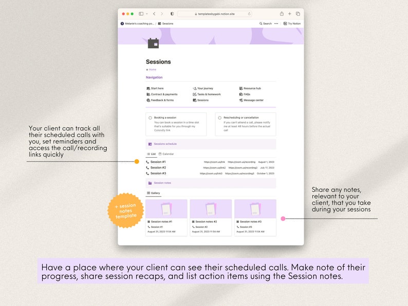 K&ouml;nnte beinhalten: Ein Screenshot einer Website, die einen Abschnitt mit dem Titel "Sitzungen" mit einem Kalendersymbol zeigt. Die Website soll Benutzern helfen, geplante Anrufe zu verfolgen, Erinnerungen festzulegen und auf Anrufaufzeichnungen zuzugreifen. Die Website enth&auml;lt auch einen Abschnitt f&uuml;r Sitzungsnotizen, in dem Benutzer Notizen, Zusammenfassungen und Aktionspunkte mit ihren Kunden teilen k&ouml;nnen.