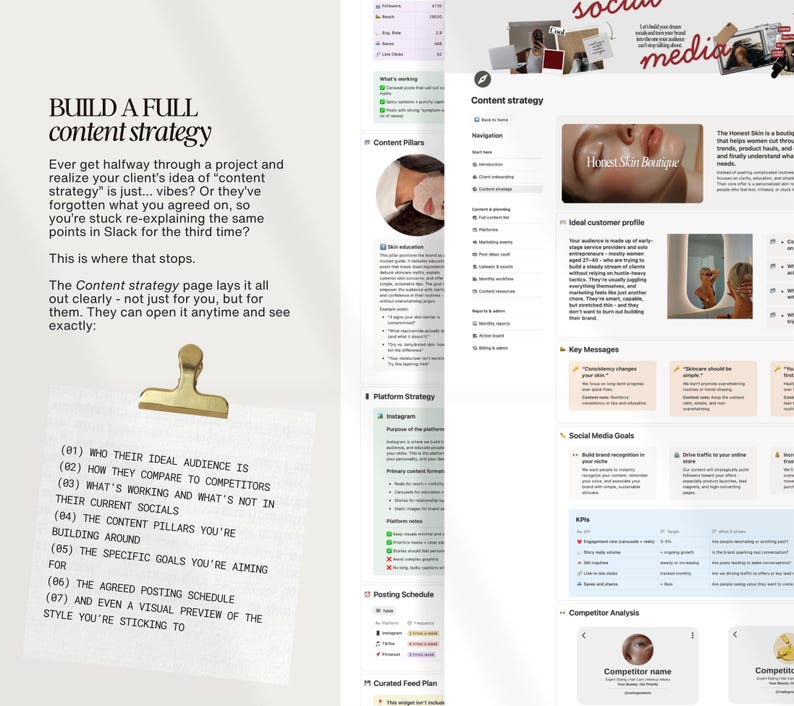 Notion-sjabloon klantportal social media, klantintroductie, contentstrategie afbeelding 6