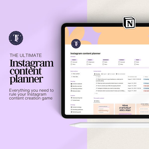 Instagram content planner Notion template, Social media content calendar for coaches, Social media planner, Instagram content marketing