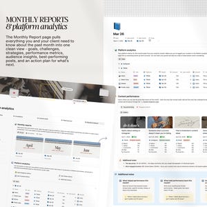 K&ouml;nnte beinhalten: Ein digitales Dokument mit dem Titel &bdquo;MONTHLY REPORTS & platform analytics&ldquo; mit Datenvisualisierungen. Das Dokument enth&auml;lt Abschnitte zu Plattformanalysen, Inhaltsleistung und zus&auml;tzlichen Notizen. Der Text beschreibt Ziele, Herausforderungen und Leistungskennzahlen.