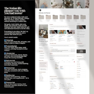 May include: A digital planner template for Notion, with a beige background and gold accents. The template is divided into sections for vision, productivity, lifestyle, self-care, workout, nutrition, and finances. The text "Ultimate Life Planner" is at the top of the page.