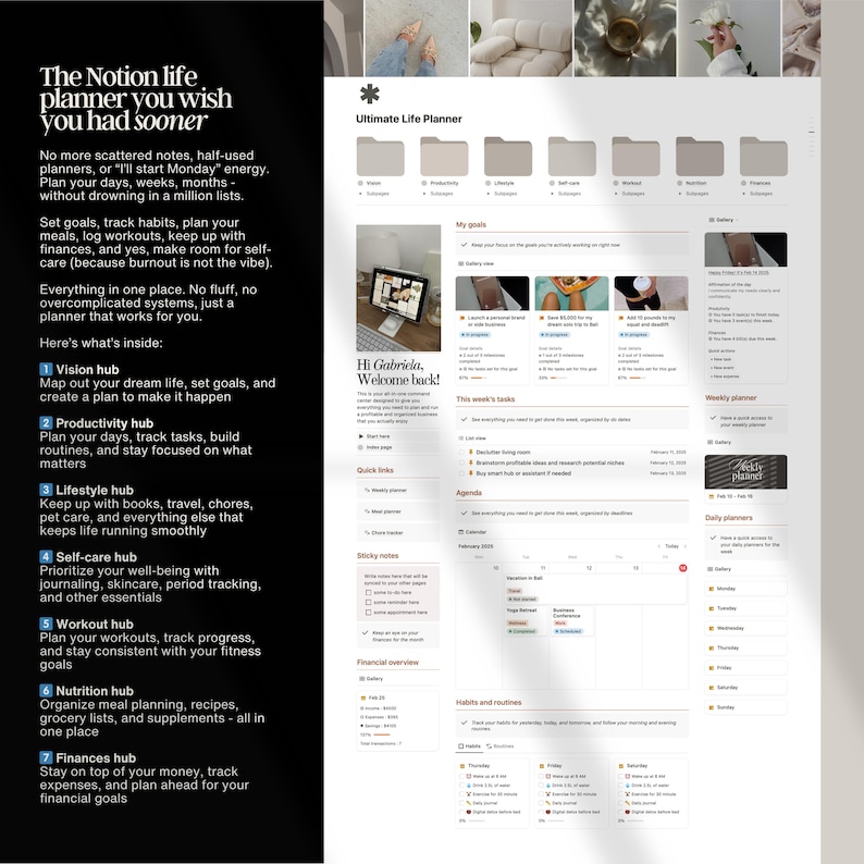 May include: A digital planner template for Notion, with a beige background and gold accents. The template is divided into sections for vision, productivity, lifestyle, self-care, workout, nutrition, and finances. The text "Ultimate Life Planner" is at the top of the page.