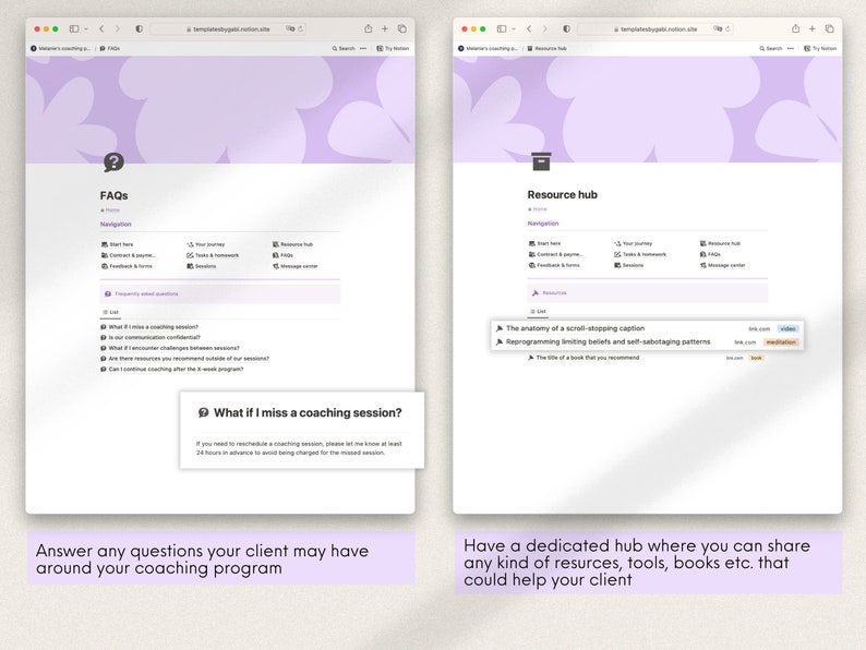 K&ouml;nnte beinhalten: Screenshot einer Website mit helllila Hintergrund und einer wei&szlig;en Navigationsleiste. Die Website ist in zwei Abschnitte unterteilt, einer mit der Bezeichnung "FAQs" und der andere mit der Bezeichnung "Ressourcen-Hub". Der Abschnitt "FAQs" enth&auml;lt eine Liste h&auml;ufig gestellter Fragen, w&auml;hrend der Abschnitt "Ressourcen-Hub" eine Liste von Ressourcen enth&auml;lt, die Kunden helfen k&ouml;nnen.