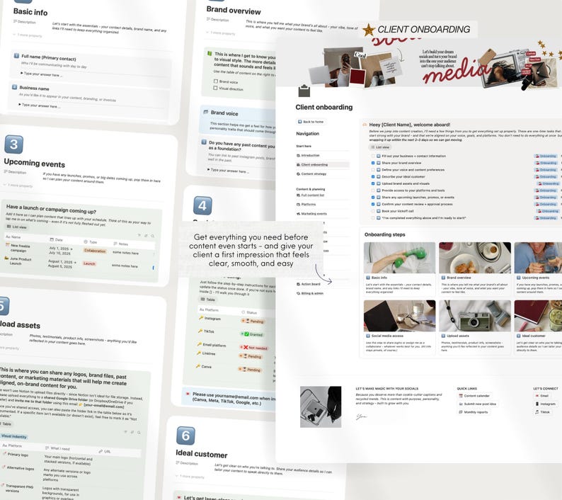 Notion-sjabloon klantportal social media, klantintroductie, contentstrategie afbeelding 5