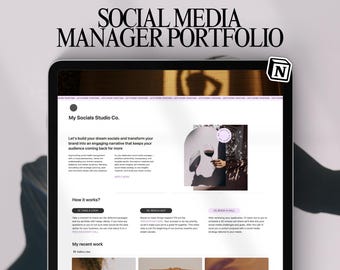 May include: A digital tablet displays a website titled "SOCIAL MEDIA MANAGER PORTFOLIO." The site showcases social media management services with the text "My Socials Studio Co." and examples of recent work. The top text reads "Build an outstanding social media portfolio in minutes."