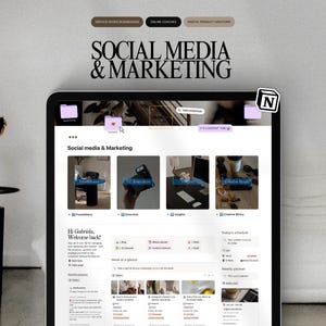 Könnte beinhalten: Ein digitales Tablet, das eine Vorlage für "Social Media & Marketing" anzeigt. Der Bildschirm zeigt ein Website-Layout mit Abschnitten für Grundlagen, Ausführung und eine Creative Library. Text enthält "Service-Based Businesses", "Online Coaches" und "Digital Product Creators".