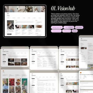 May include: A computer screen displaying a website with the title "Vision Hub". The website is divided into sections, including "Design Your Life", "Life Compass", "Life Areas", "Vision Board", "Milestones", and "Goals".