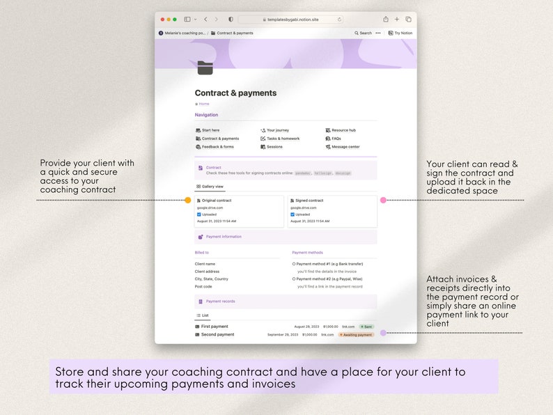 K&ouml;nnte beinhalten: Ein Screenshot einer Website, die einen Abschnitt f&uuml;r Vertr&auml;ge und Zahlungen zeigt. Die Website hat ein lila-wei&szlig;es Farbschema und enth&auml;lt eine Navigationsleiste mit Links zu verschiedenen Abschnitten. Der Abschnitt f&uuml;r Vertr&auml;ge und Zahlungen umfasst einen Bereich zum Hochladen von Vertr&auml;gen, Zahlungsinformationen und Zahlungsaufzeichnungen.
