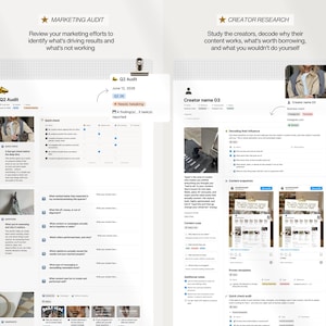 K&ouml;nnte beinhalten: Zweiseitiges digitales Layout. Die linke Seite ist ein Marketing-Audit mit Checkliste, die rechte Seite eine Creator-Recherche-Seite mit Profil und Content-Snapshots.